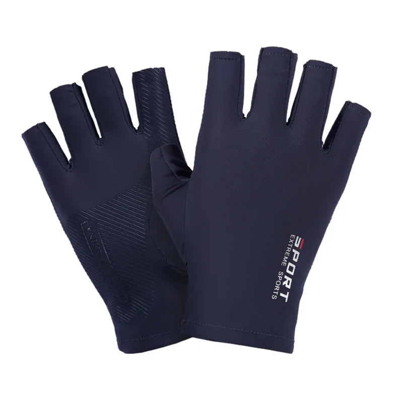 Ein Paar dunkelblaue Allwetter-Sport- und Rennhandschuhe zum Angeln, flach dargestellt.