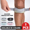 Silicone protective knee strap in various colors shown being applied to a leg.