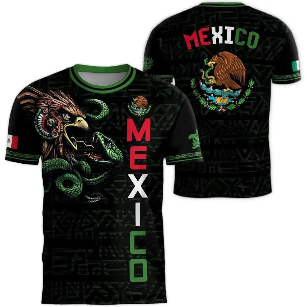 Black men's graphic t-shirt featuring a design with the Mexican flag and indigenous imagery