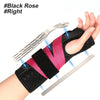 A black wrist brace with dual metal splints is shown on a hand, highlighting its design and function.