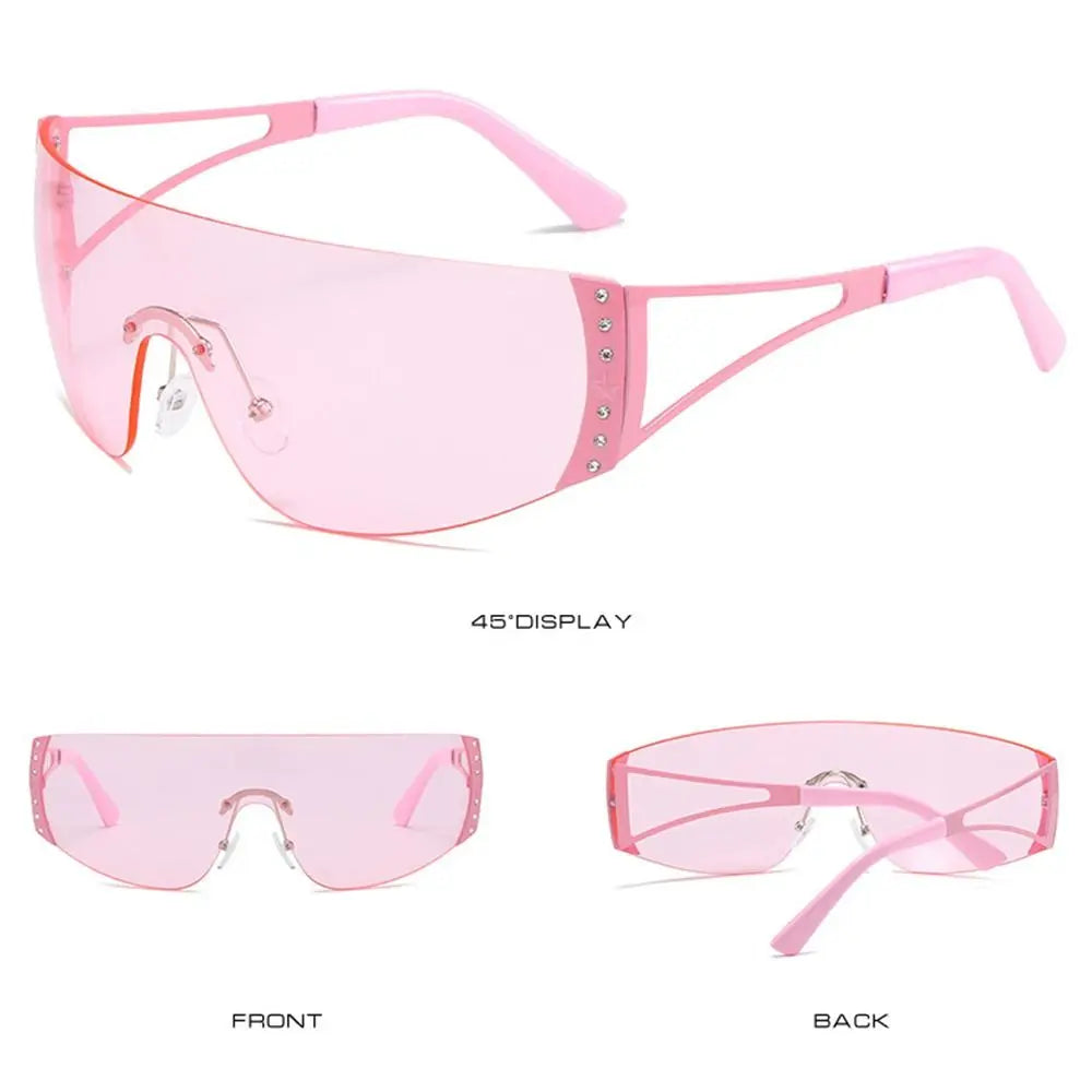 Pink Y2K futuristic gradient sunglasses shown from the front and back views