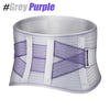 A white and purple adjustable lower back pain support belt with mesh fabric.