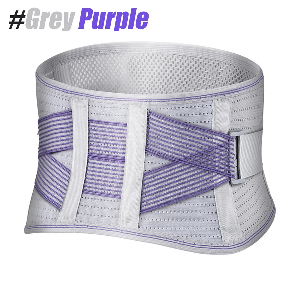 A white and purple adjustable lower back pain support belt with mesh fabric.