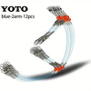 A set of twelve blue two-arm fishing hooks and lines for saltwater tackle rigging.