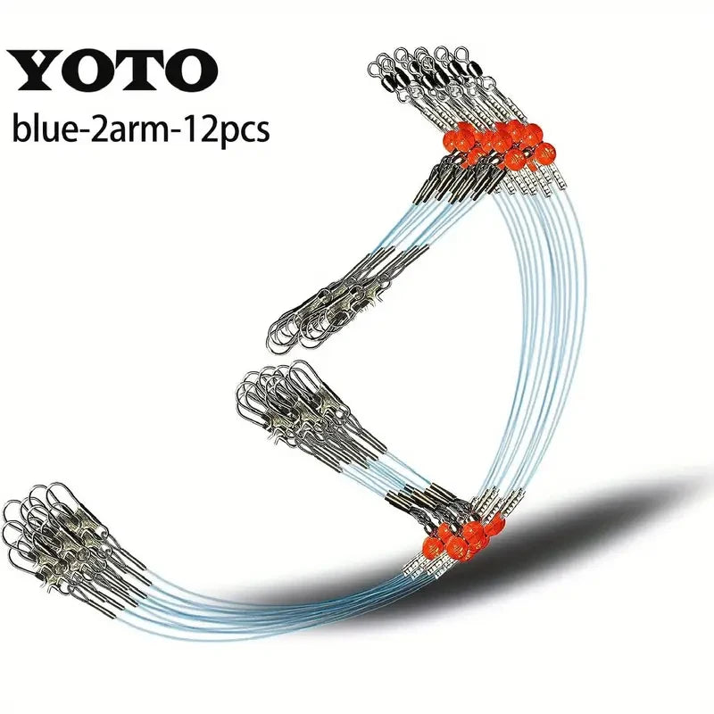 A set of twelve blue two-arm fishing hooks and lines for saltwater tackle rigging.