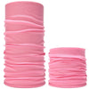A stack of pink seamless fabric headbands and balaclavas rolled into cylindrical shapes.
