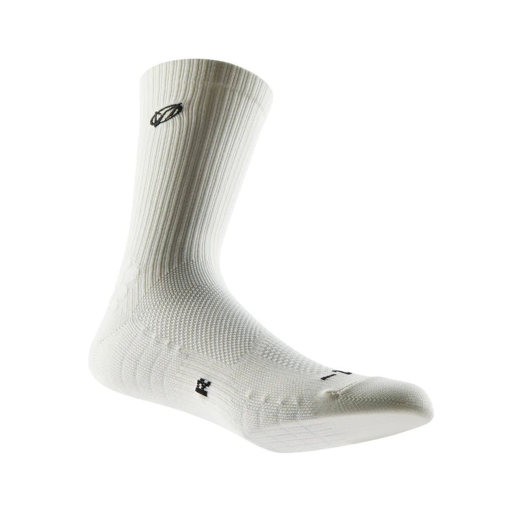 A white athletic running sock with arch support visible from the side.