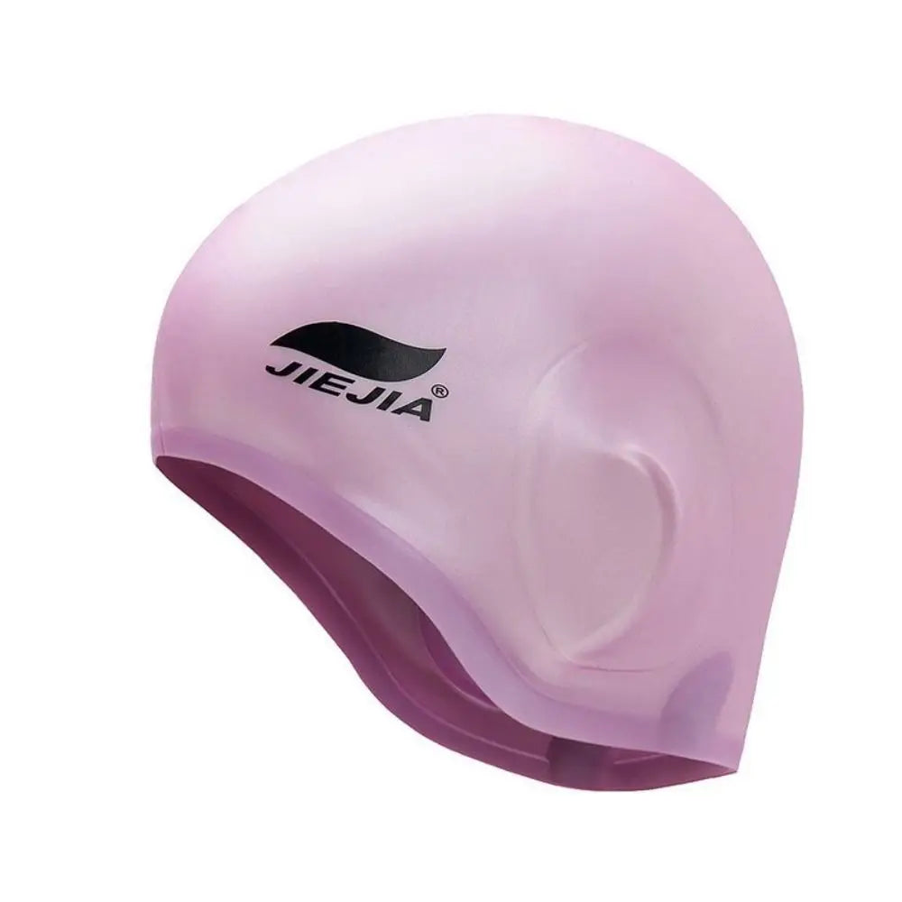 A pink universal silicone swimming cap shown from the side.