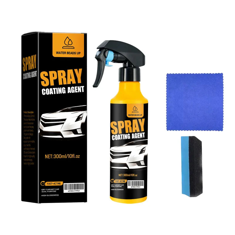 A spray coating agent kit featuring a bottle, foam applicator, and blue microfiber cloth for car detailing.