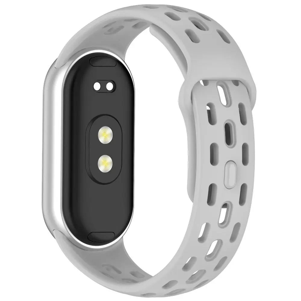 A silver smart watch band replacement with a black display and a flexible TPU strap.