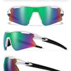 A pair of white black green sports sunglasses shown in multiple views with lens color options.