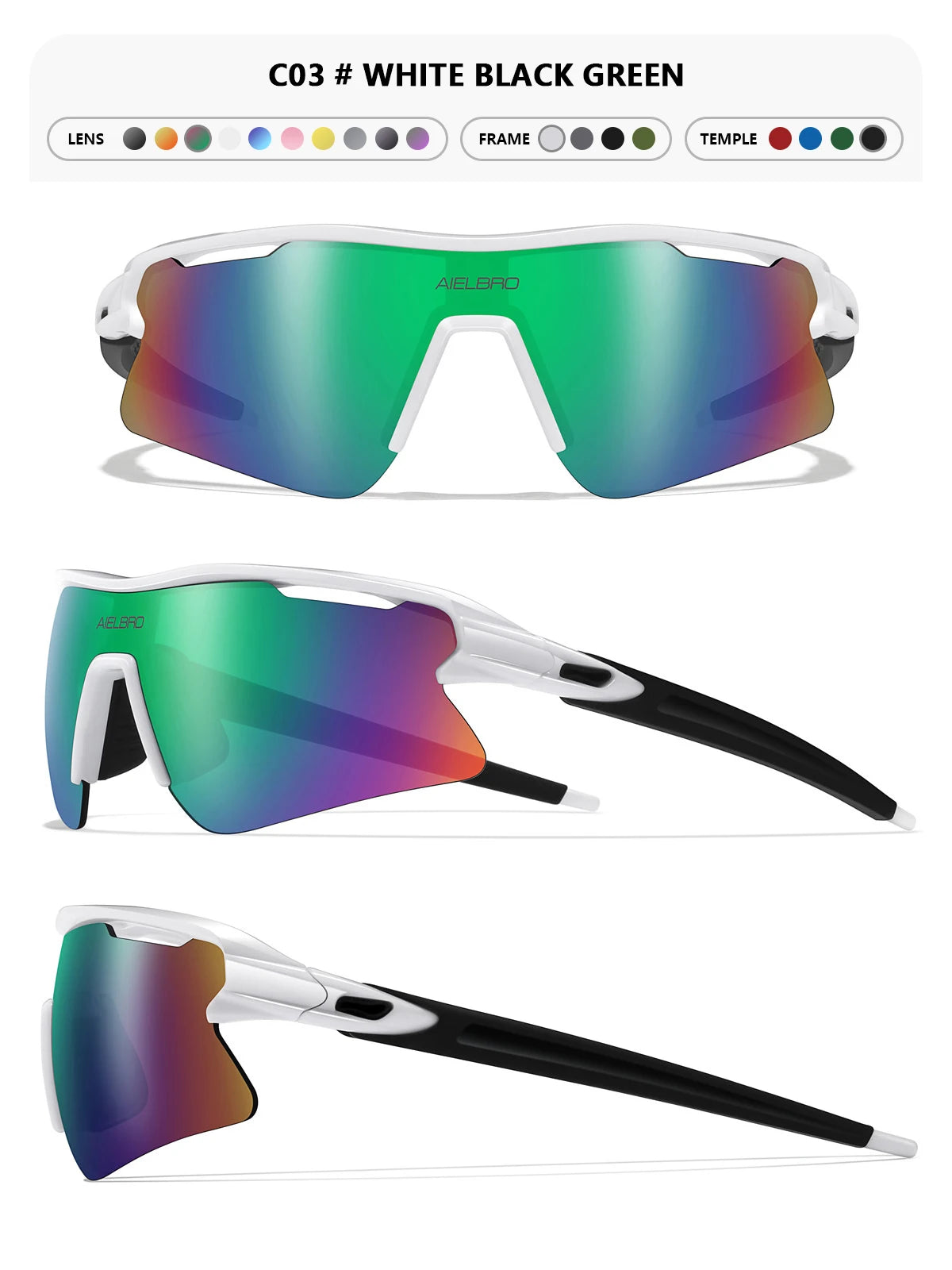 A pair of white black green sports sunglasses shown in multiple views with lens color options.