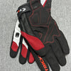 Black and red genuine leather motorcycle motocross gloves shown against a gray background.
