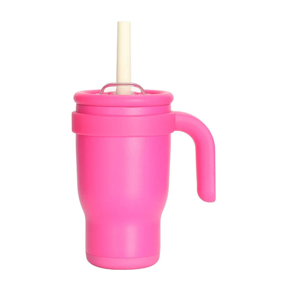 A bright pink stainless steel travel mug with a white lid and handle.