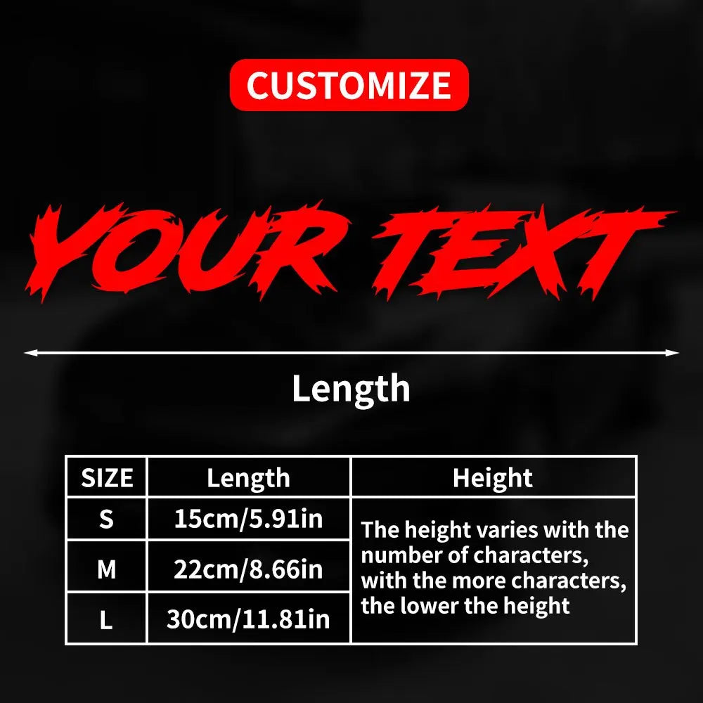 Graphique montrant les options de taille pour les autocollants de texte personnalisés, incluant petites, moyennes et grandes 