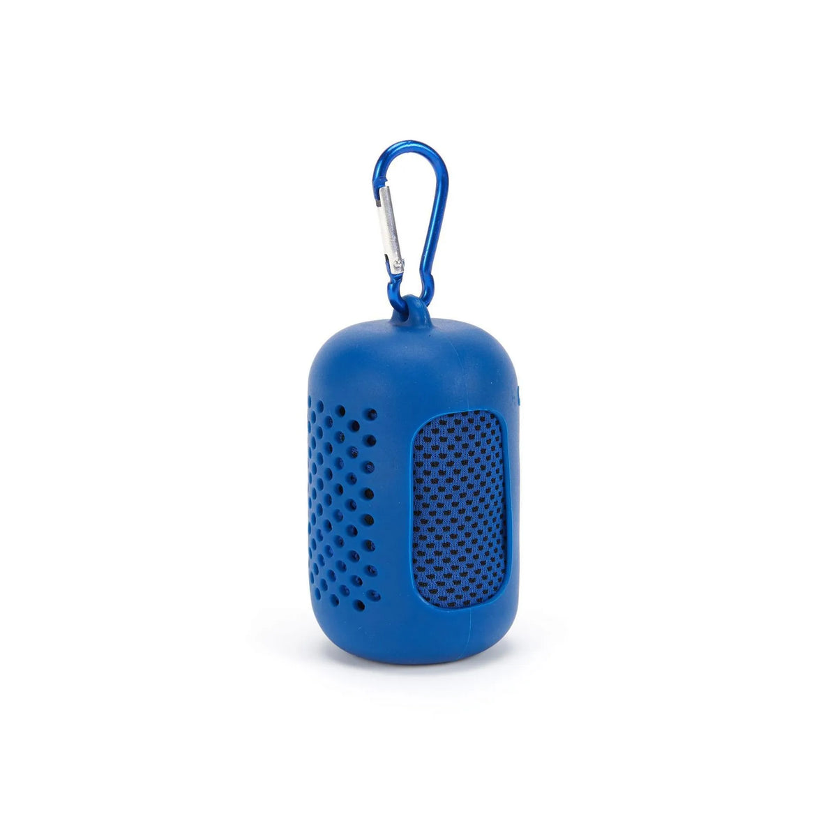 Serviette de refroidissement circulaire bleu vif avec boucle métallique pour le sport et la fitness.