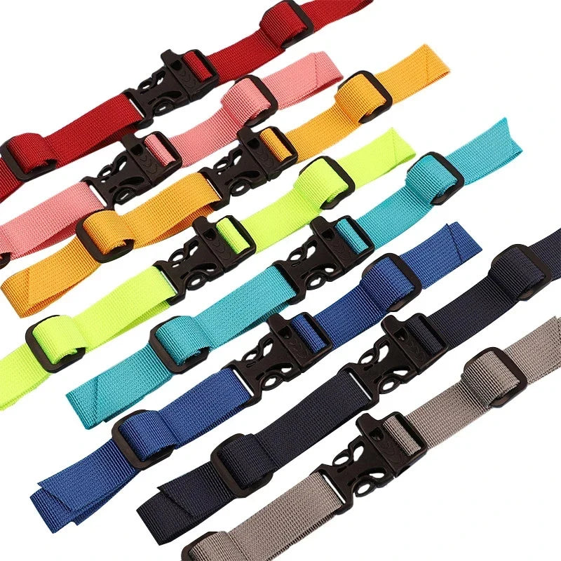 A collection of colorful adjustable tactical backpack strap harnesses in various colors and materials.