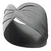 A gray fabric yoga headband tied in a large bow, shown against a dark background.
