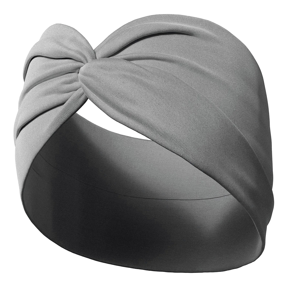 A gray fabric yoga headband tied in a large bow, shown against a dark background.