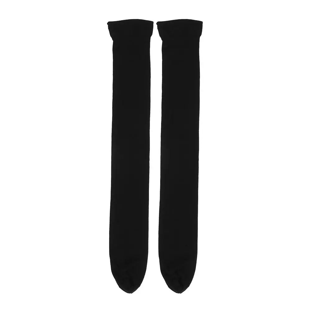 A pair of black opaque thigh high elastic socks for women.