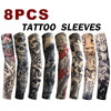 Ocho paquetes de mangas de tatuaje con diversos diseños para protección solar y contra el frío.