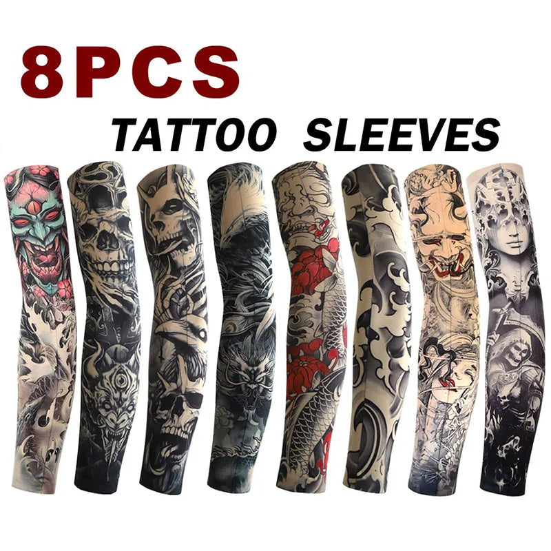 Ocho paquetes de mangas de tatuaje con diversos diseños para protección solar y contra el frío.