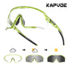 A pair of clear photochromic cycling sunglasses shown in various states of light tinting.