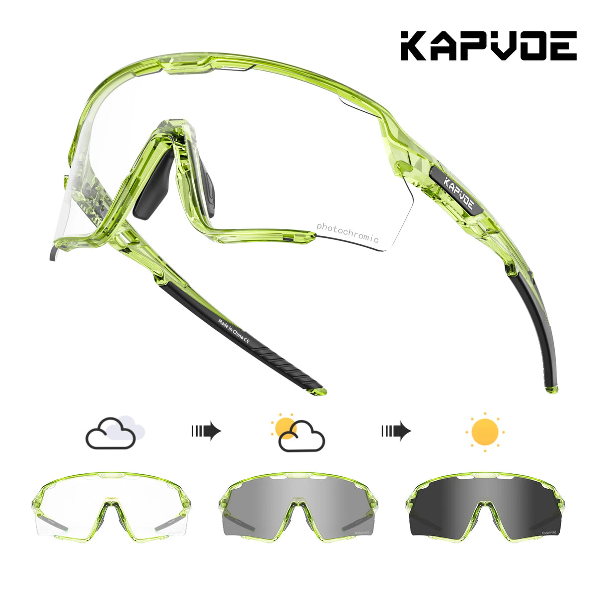 A pair of clear photochromic cycling sunglasses shown in various states of light tinting.
