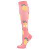 Pink compression socks with a yellow pineapple pattern