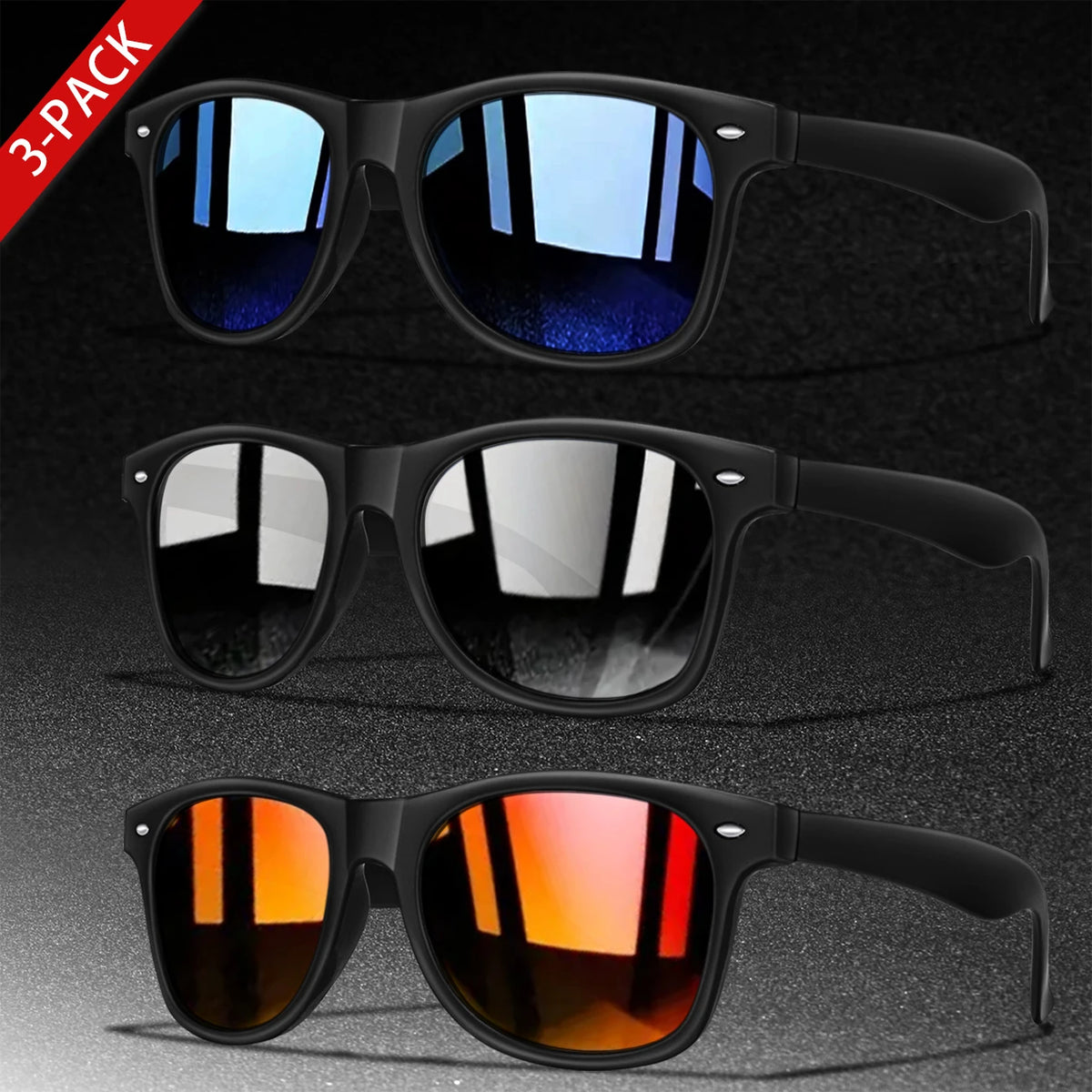 A 3-pack of retro style UV protection sunglasses shown in blue, gray, and orange lenses.