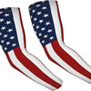 A pair of patriotic arm sleeves featuring the American flag design in red, white, and blue stripes and stars.