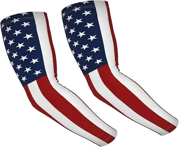 A pair of patriotic arm sleeves featuring the American flag design in red, white, and blue stripes and stars.