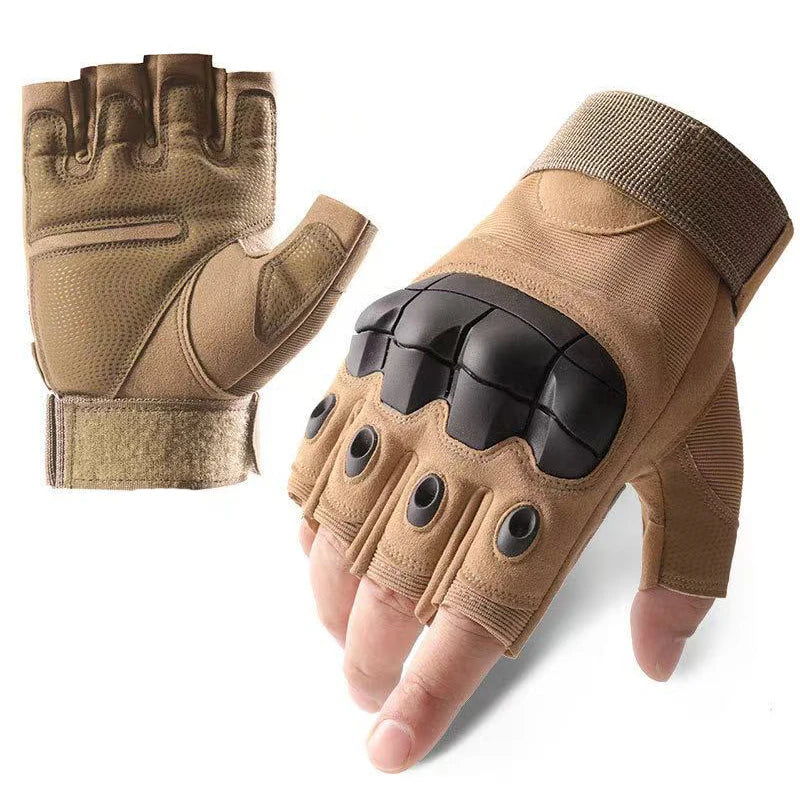 A pair of tan tactical sports gloves shown with the palm facing up.