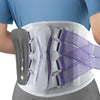 A person wearing a white ergonomic lumbar support brace with purple straps and a gray contoured pad.