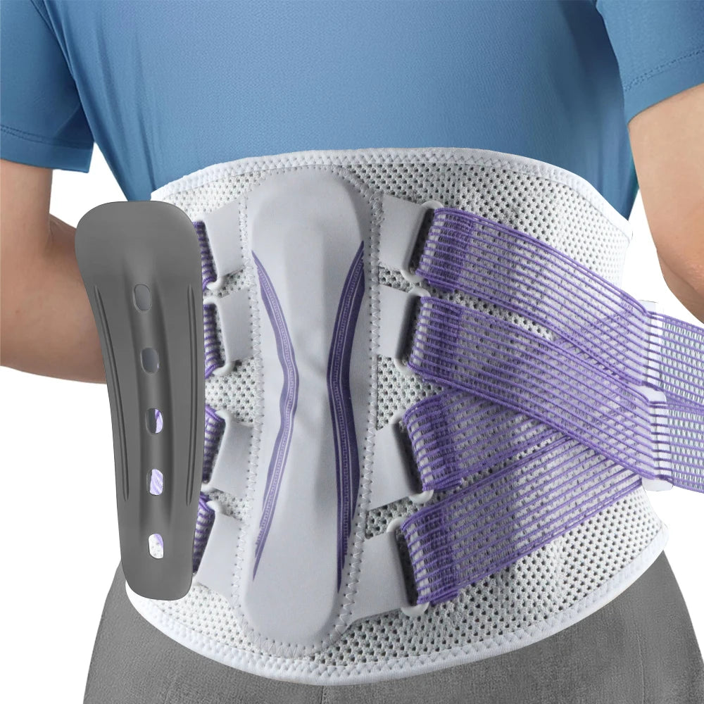 A person wearing a white ergonomic lumbar support brace with purple straps and a gray contoured pad.