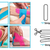 Various types of kinesiology tape including I Strip, X Strip, Y Strip, and Fan Strip shown on skin.