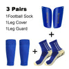 A set of three pairs of men's grip soccer socks, leg covers, and leg guards in blue.
