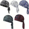 A set of four paisley cooling headscarf caps in black, white, blue, and maroon patterns.