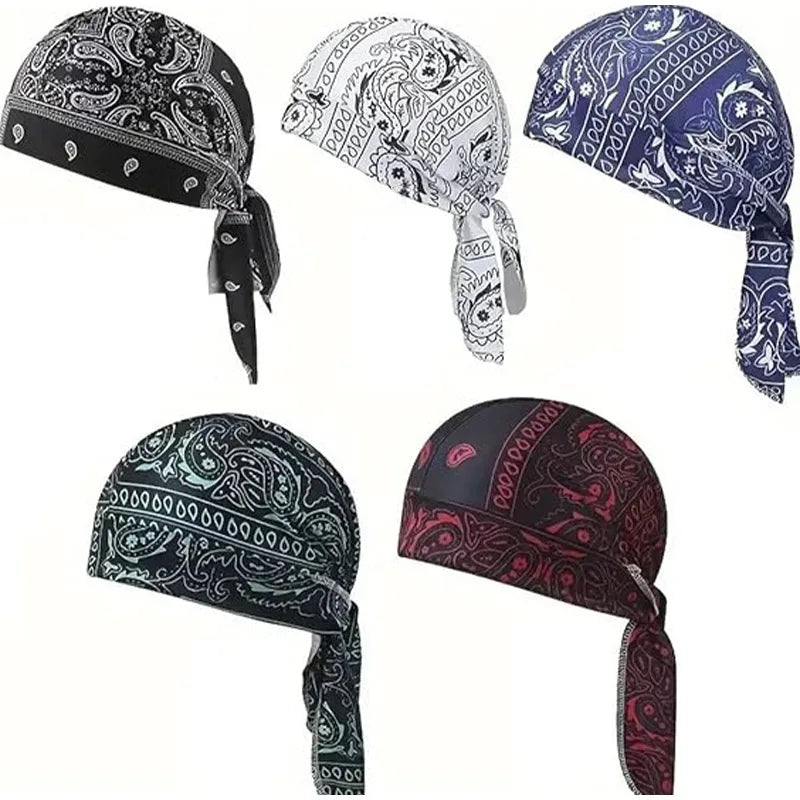 A set of four paisley cooling headscarf caps in black, white, blue, and maroon patterns.