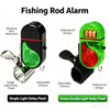 A fishing rod alarm featuring a sensitive bite detection system with adjustable volume and LED flash in green.