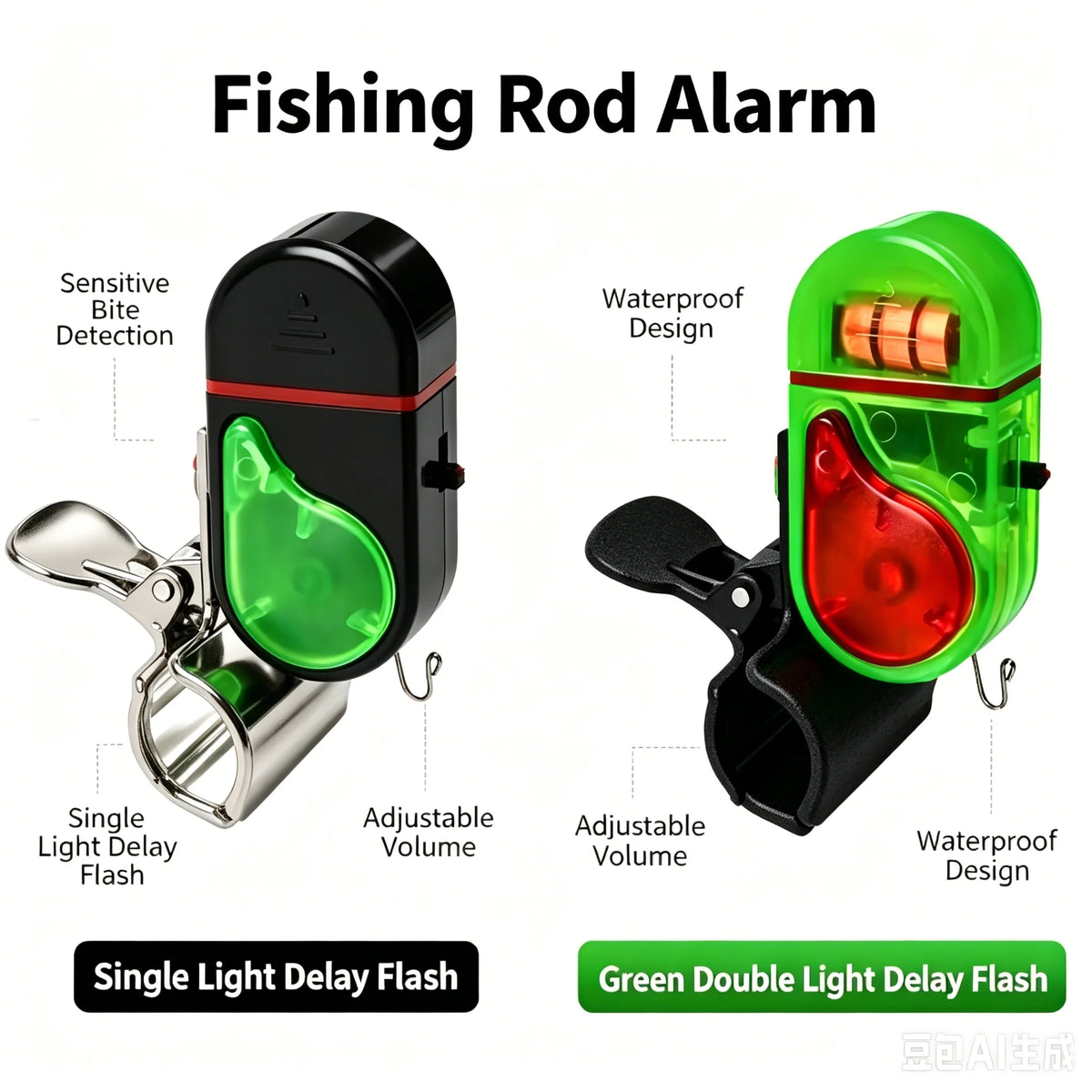 A fishing rod alarm featuring a sensitive bite detection system with adjustable volume and LED flash in green.