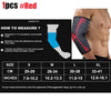Red unisex elbow support compression sleeve with measurement instructions and sizing chart.