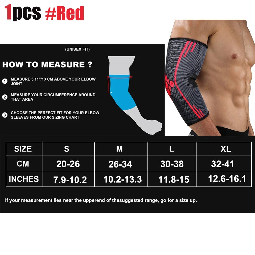 Red unisex elbow support compression sleeve with measurement instructions and sizing chart.