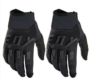 A pair of black heavy duty full finger off-road motorcycle gloves shown against a white background.