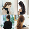 A collage showing various styles of elastic hair bands on a woman's hair.