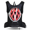 Black hydration backpack featuring a red and white helmet design.