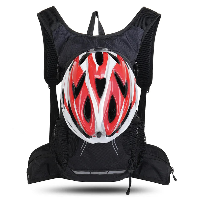 Black hydration backpack featuring a red and white helmet design.