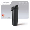 A black Owala insulated stainless steel travel mug shown in a studio setting.