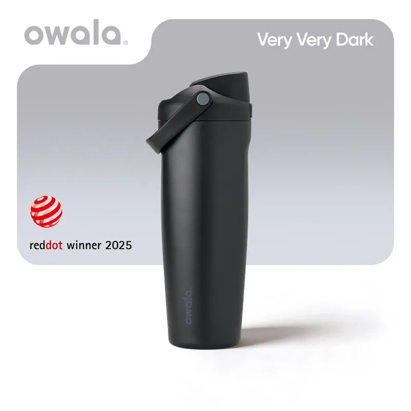 A black Owala insulated stainless steel travel mug shown in a studio setting.