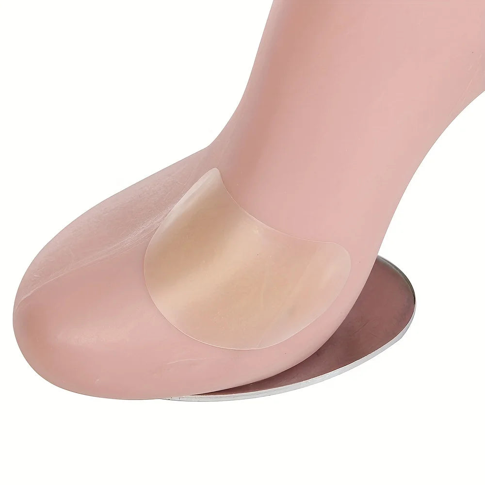 A close-up view of a pink invisible silicone blister patch designed for foot protection.